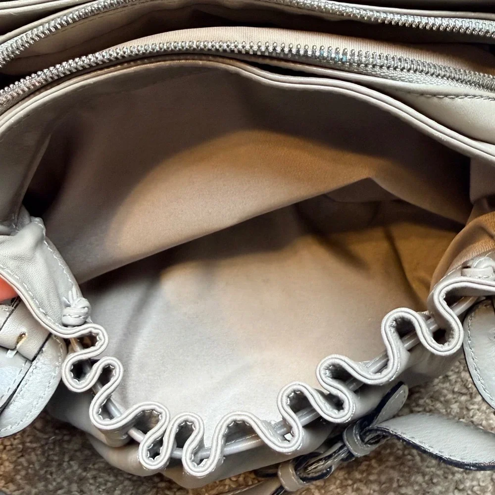 Le Tanneur Grey Leather‎ Pleated Ruffle Handbag Multi Compartment Satchel Bag